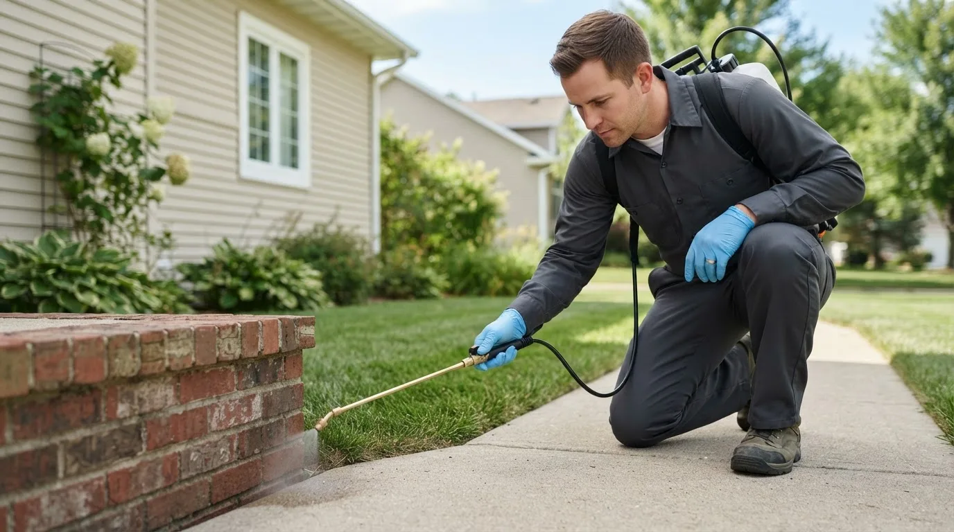 Pest control technician treating a home near Blandon, PA